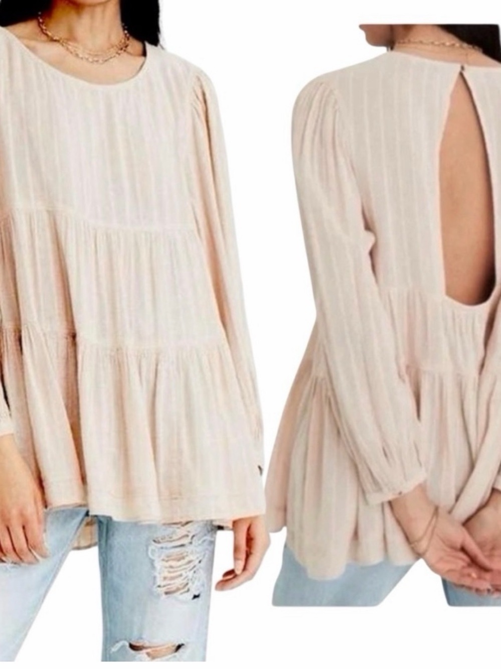American Eagle Babydoll Women’s Long-Sleeve Tiered Peasant Top - Cream
